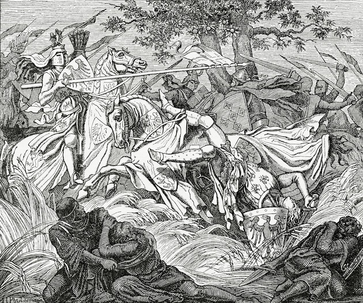 Der Tod von Manfred in der Schlacht bei Benevent, 26. Februar 1266 von English School