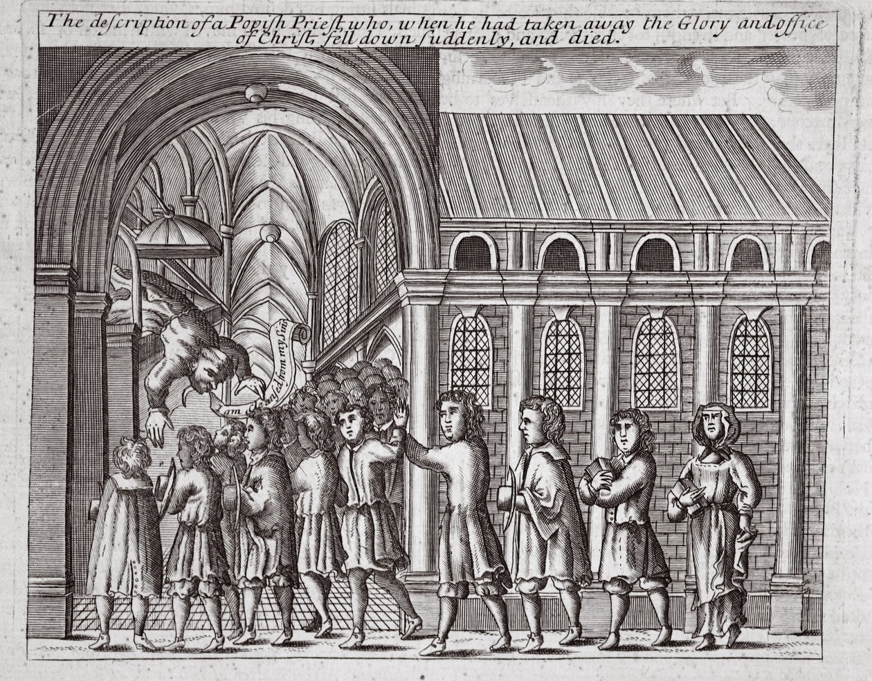 Die Beschreibung eines papistischen Priesters, der, nachdem er die Herrlichkeit und das Amt Christi weggenommen hatte, plötzlich fiel und starb, Illustration aus Acts and Monuments von John Foxe, neunte Ausgabe, veröffentlicht 1684 von English School