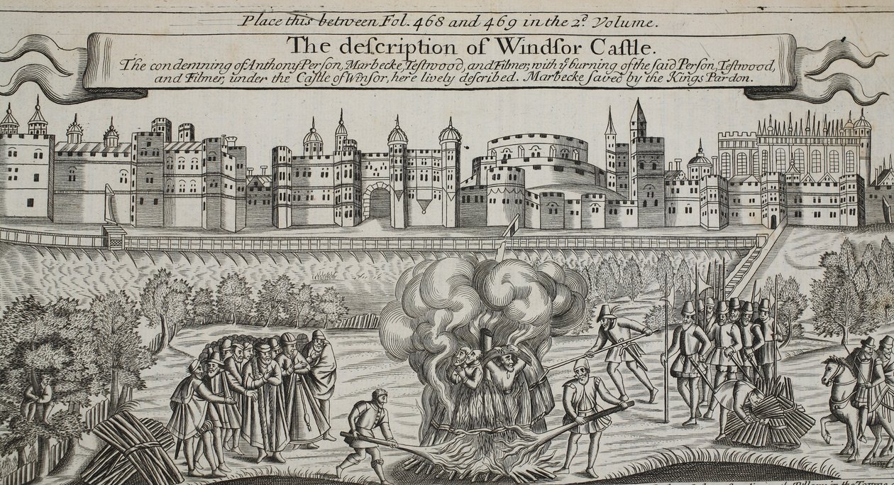 Die Beschreibung von Windsor Castle, Illustration aus Acts and Monuments von John Foxe, neunte Ausgabe, veröffentlicht 1684 von English School