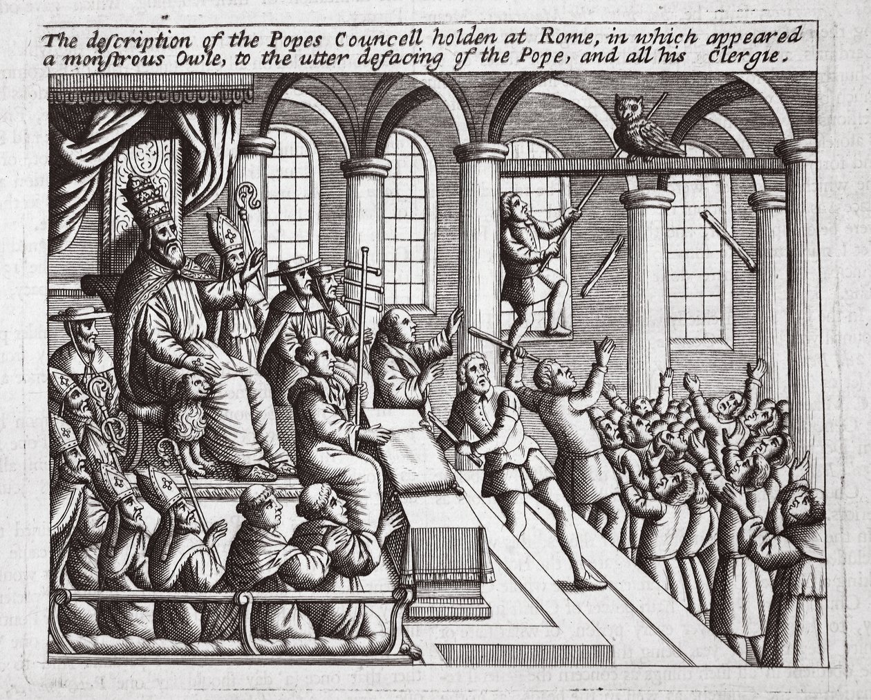 Die Beschreibung des Konzils des Papstes in Rom, in dem eine monströse Eule erschien, zur völligen Entstellung des Papstes und seines Klerus, Illustration aus Acts and Monuments von John Foxe, neunte Ausgabe von English School
