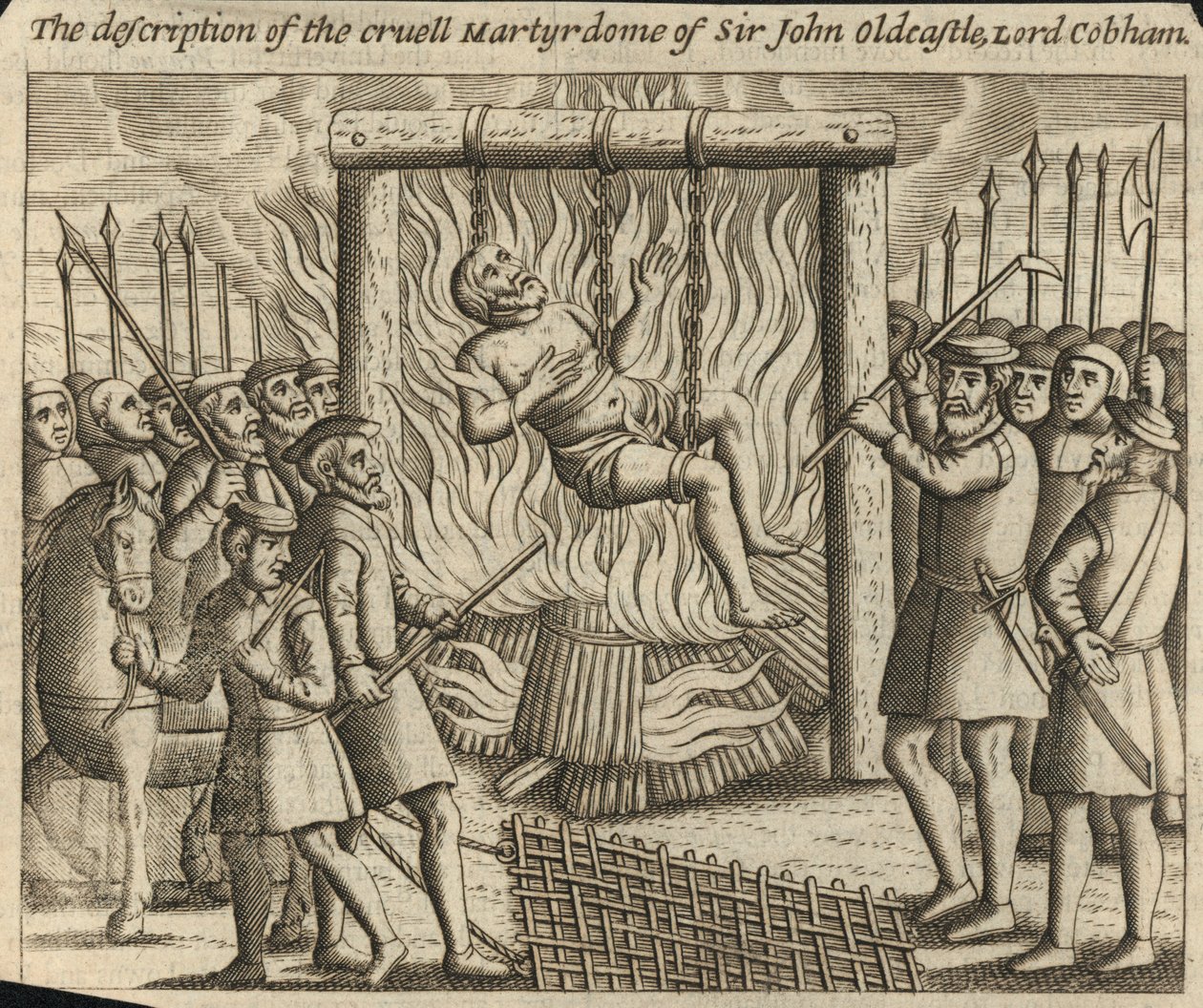 Die Beschreibung des grausamen Martyriums von Sir John Oldcastle, Lord Cobham (Gravur) von English School