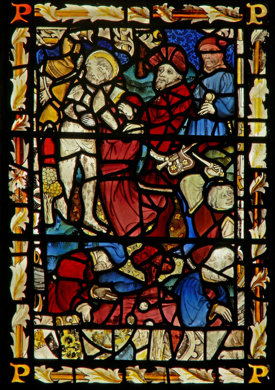 Das Ostfenster, das Christus entkleidet für die Kreuzigung; das Loswerfen darstellt von English School