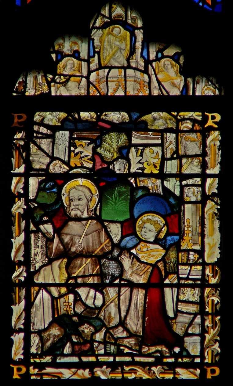 Das Ostfenster, das den heiligen Franziskus zeigt, wie er die Stigmata empfängt; Engelmusiker im Baldachin von English School
