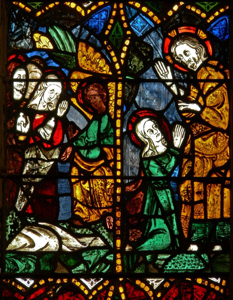 Das Ostfenster mit einer Auferstehungsszene: die heiligen Frauen am Grab; Maria Magdalena mit Christus? von English School