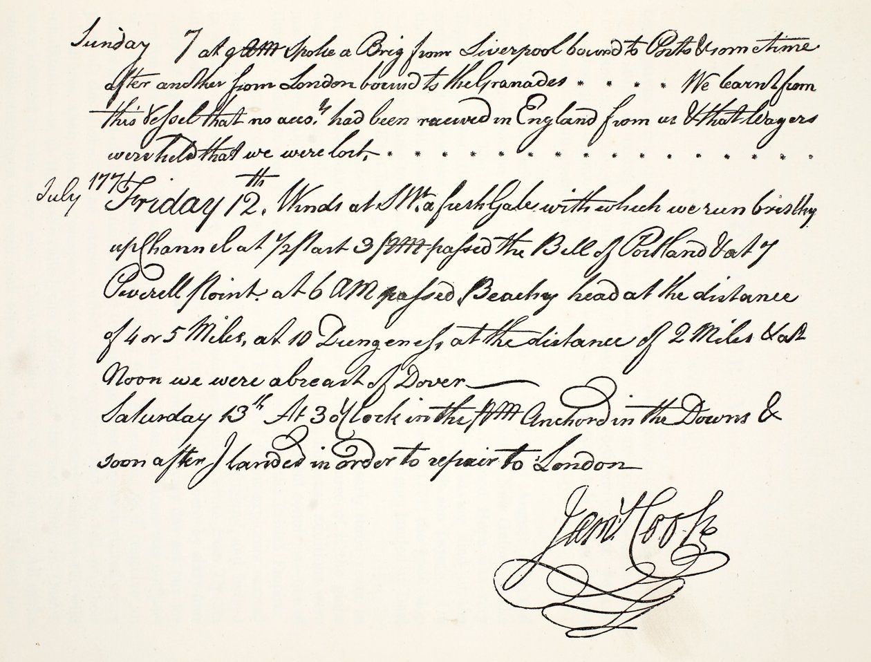 Die Handschrift von James Cook, Juli 1771 von English School
