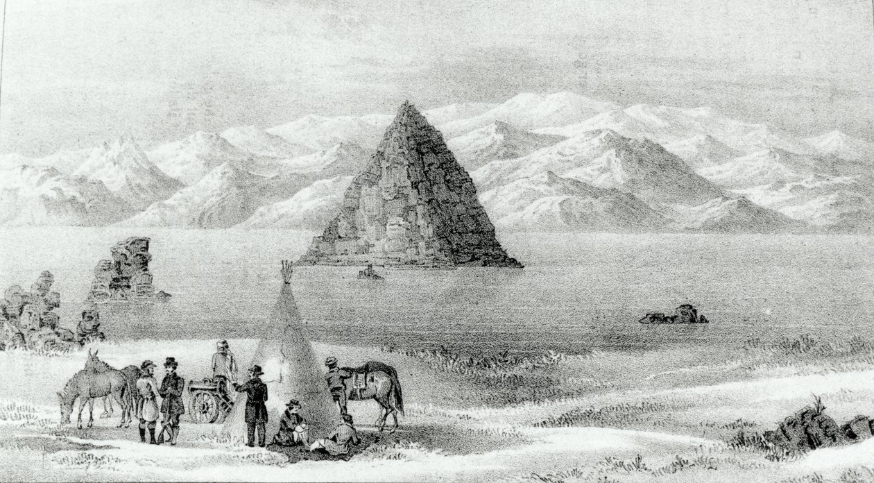 Die Haubitze am Pyramidensee im Januar 1844, aus Report of the Exploring Expedition to the Rocky Mountains in 1842 and to Oregon and North Carolina in 1843-44 von John C. Fremont, veröffentlicht 1845 von English School