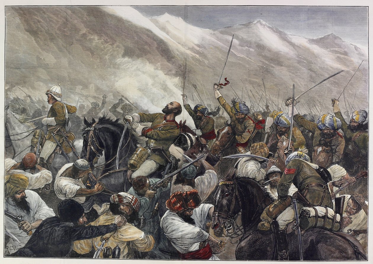 Der letzte afghanische Krieg: Tod von Major Wigram Battye in der Schlacht von Futtehabad am 30. April (farbiger Stich) von English School