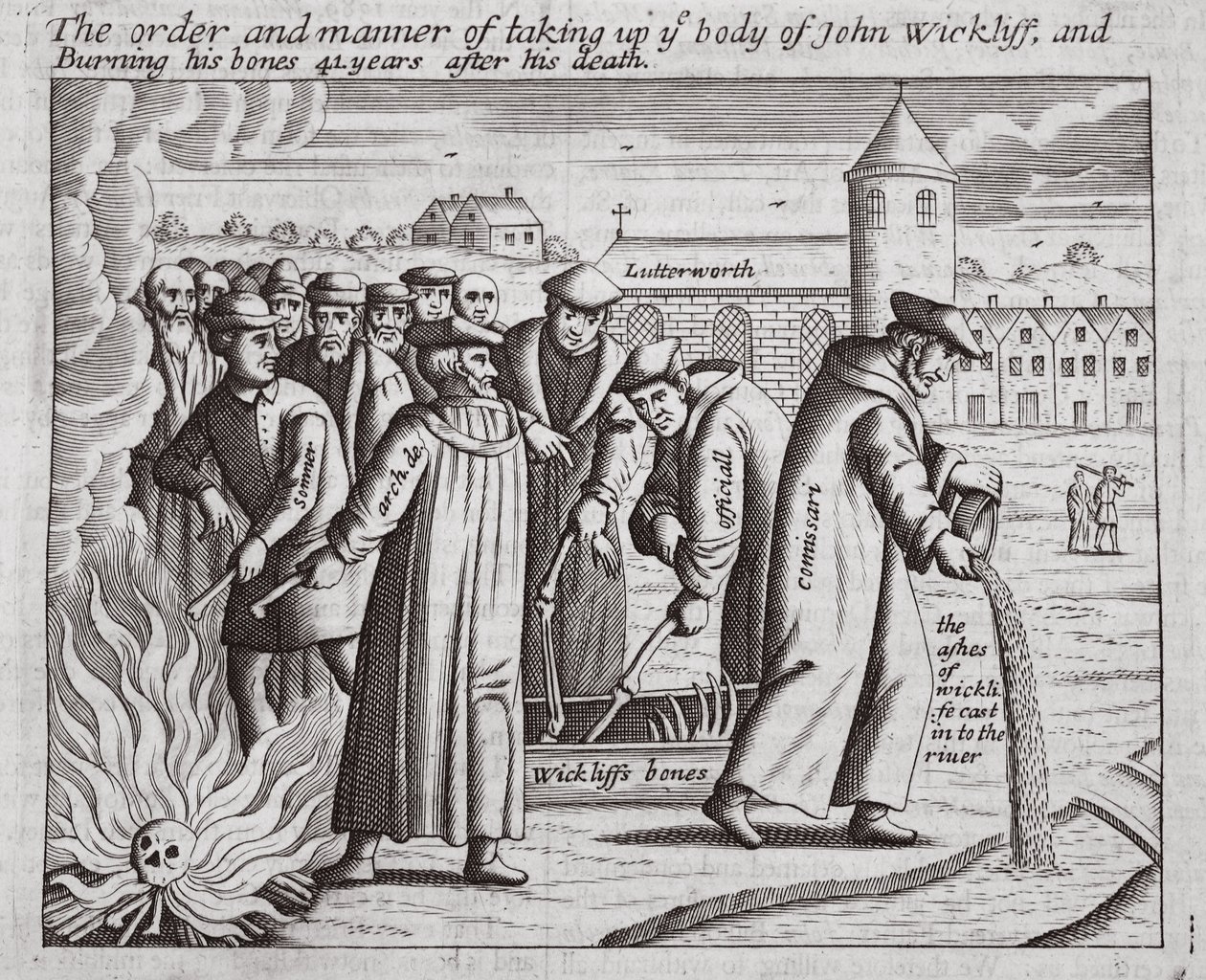 Die Ordnung und Weise der Aufnahme des Körpers von John Wickliff und das Verbrennen seiner Knochen 44 Jahre nach seinem Tod, Illustration aus Acts and Monuments von John Foxe, neunte Ausgabe, veröffentlicht 1684 von English School