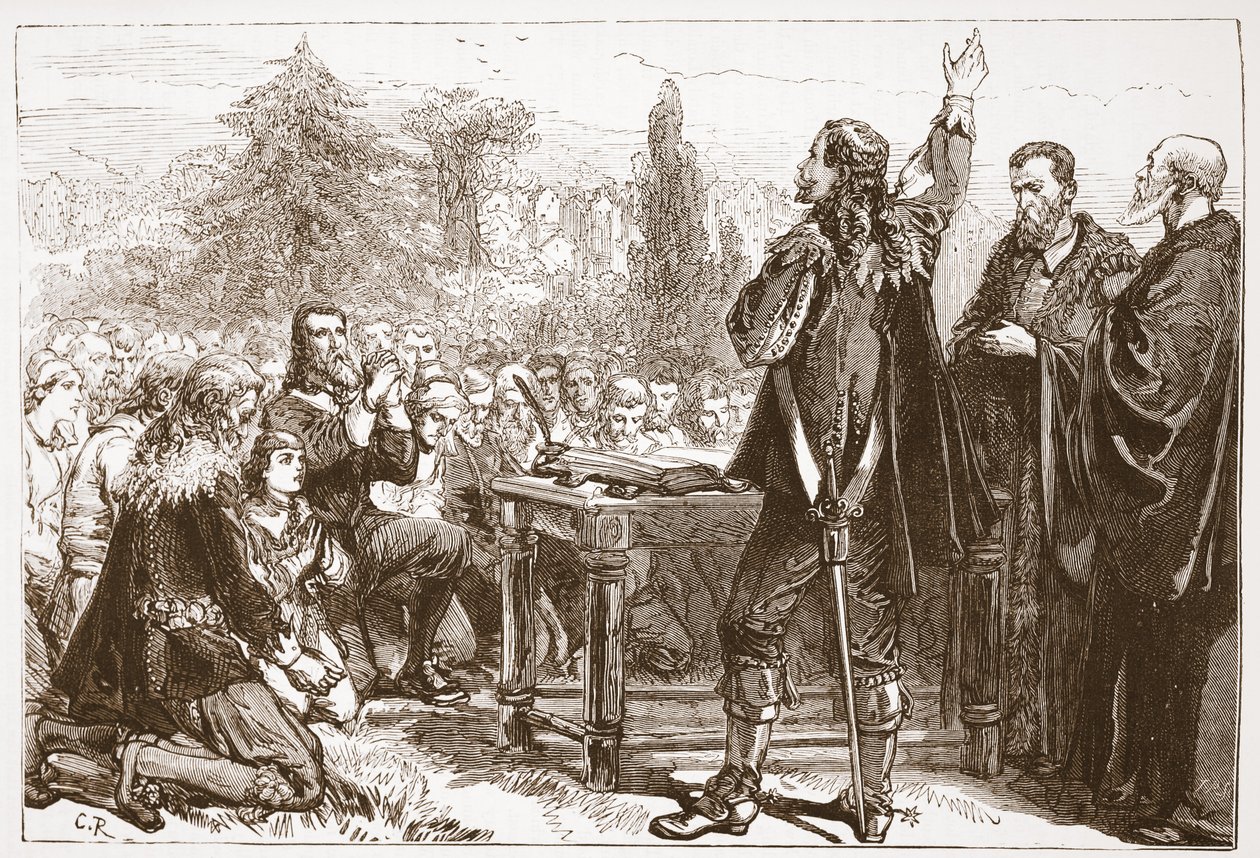 Das Schwören und Unterzeichnen des Nationalen Bundes im Greyfriars-Kirchhof, Edinburgh, Illustration aus The History of Protestantism von James Aitken Wylie, veröffentlicht 1878 von English School