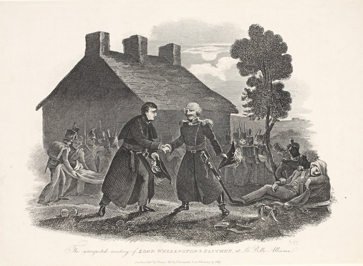 Das unerwartete Treffen von Lord Wellington und Blücher bei La Belle Alliance, veröffentlicht von T. Kelly, 1811 von English School