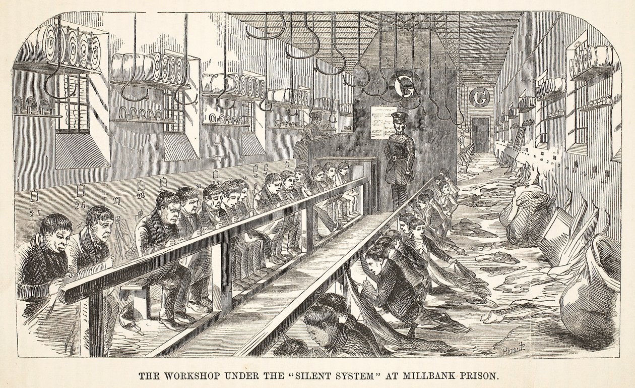 Die Werkstatt unter dem Silent System im Millbank-Gefängnis, Illustration aus The Criminal Prisons of London and Scenes from Prison Life von Henry Mayhew und John Binny, veröffentlicht 1862 von English School