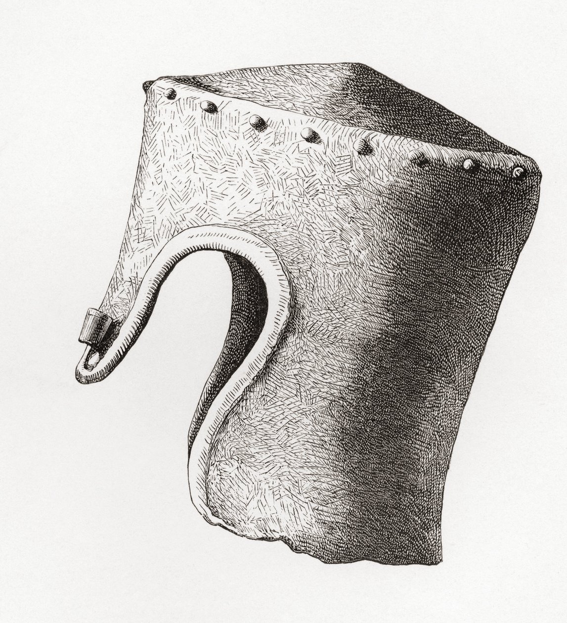 Zylindrischer Helm mit Nasenschutz aus dem 13. Jahrhundert, ausgegraben in Montgomery Castle im Jahr 1841, aus Die britische Armee: Ihre Ursprünge, Fortschritte und Ausrüstung, veröffentlicht 1868. von English School