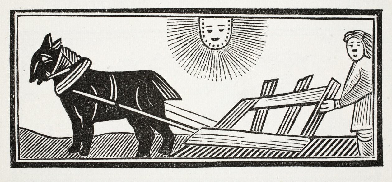 Es ist ein Pflug, der die Eingeweide der Erde für die Aussaat von Korn aufbricht, Illustration aus Chap-books des achtzehnten Jahrhunderts von John Ashton, veröffentlicht 1882 von English School