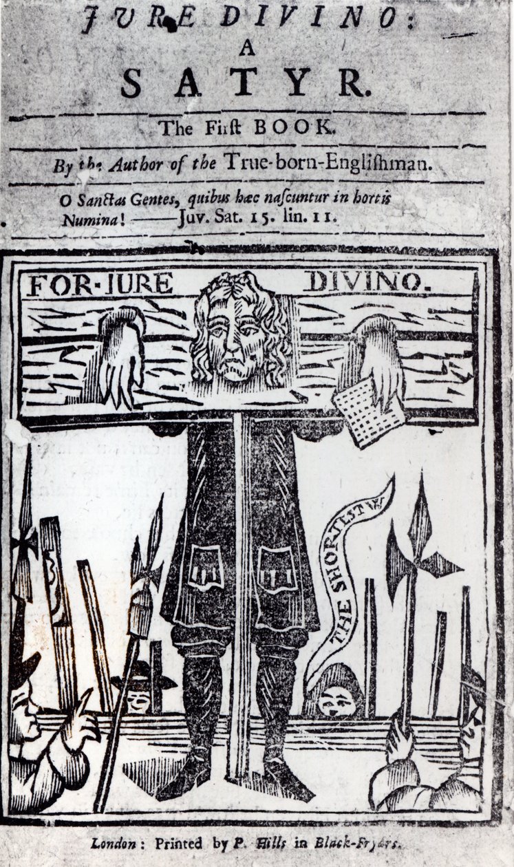 Titelseite des ersten Buches von Jure Divino - A Satyr von Daniel Defoe (1660-1731), veröffentlicht 1706 von English School