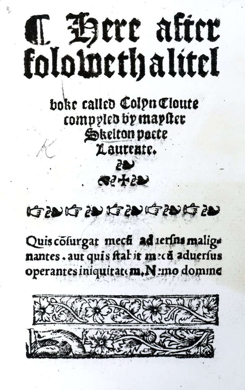 Titelseite für Colin Cloute von John Skelton, veröffentlicht ca. 1550 von English School