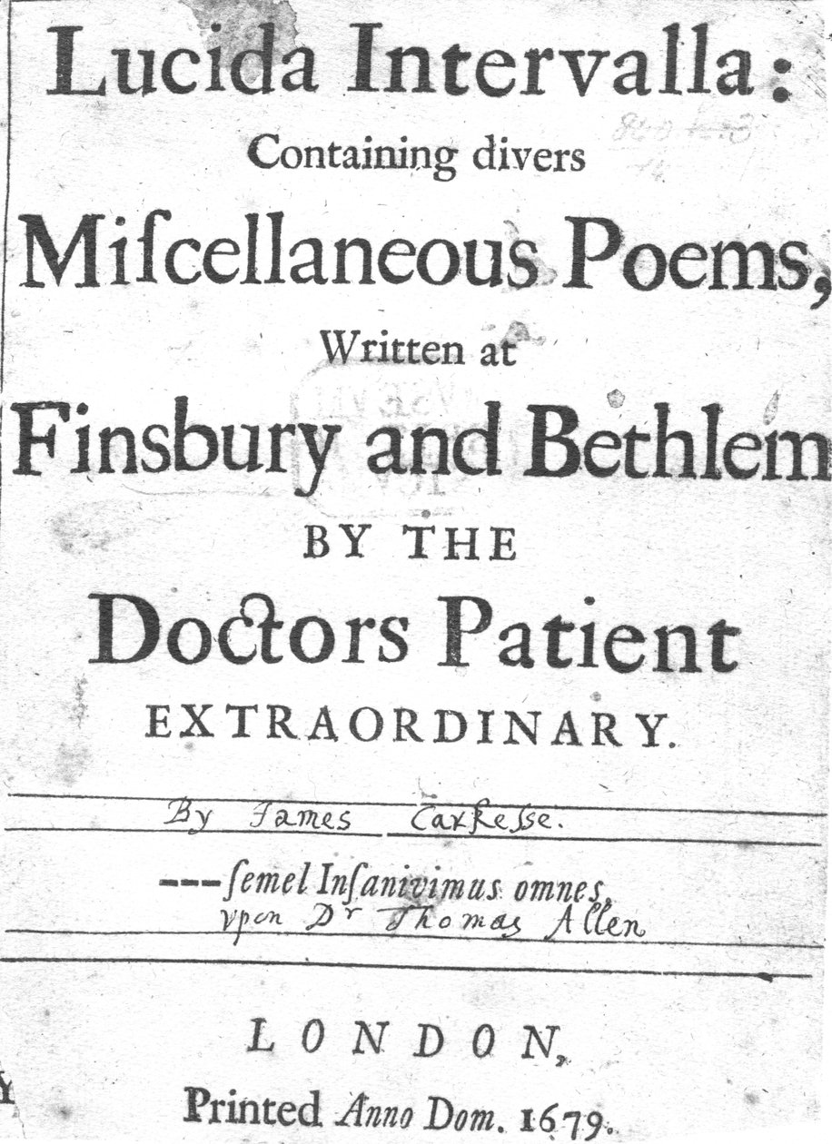 Titelseite zu Lucida Intervalla von James Carkesse, veröffentlicht 1679 von English School
