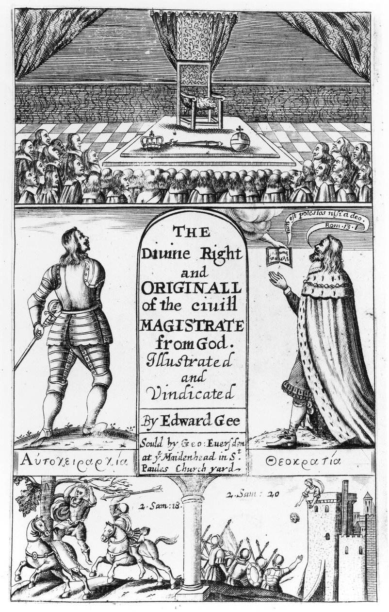 Titelseite zu The Divine Right and Original of the Civil Magistrate from God, graviert von Edward Gee, 1658 von English School