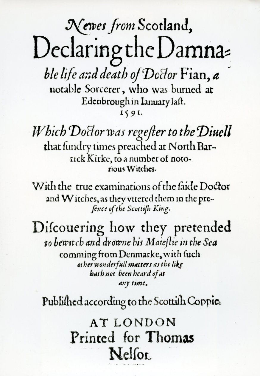 Titelseite Newes from Scotland, Deklaration des verdammenswerten Lebens und Todes von Dr. Fian von English School
