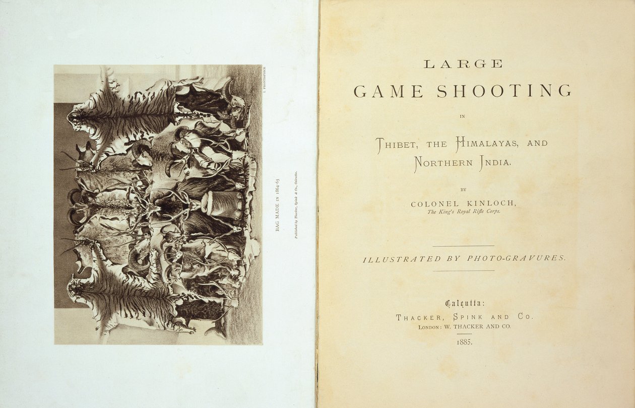 Titelseite und Frontispiz von Large Game Shooting in Tibet, the Himalayas and Northern India von Colonel Alexander Kinloch, veröffentlicht 1885 von English School