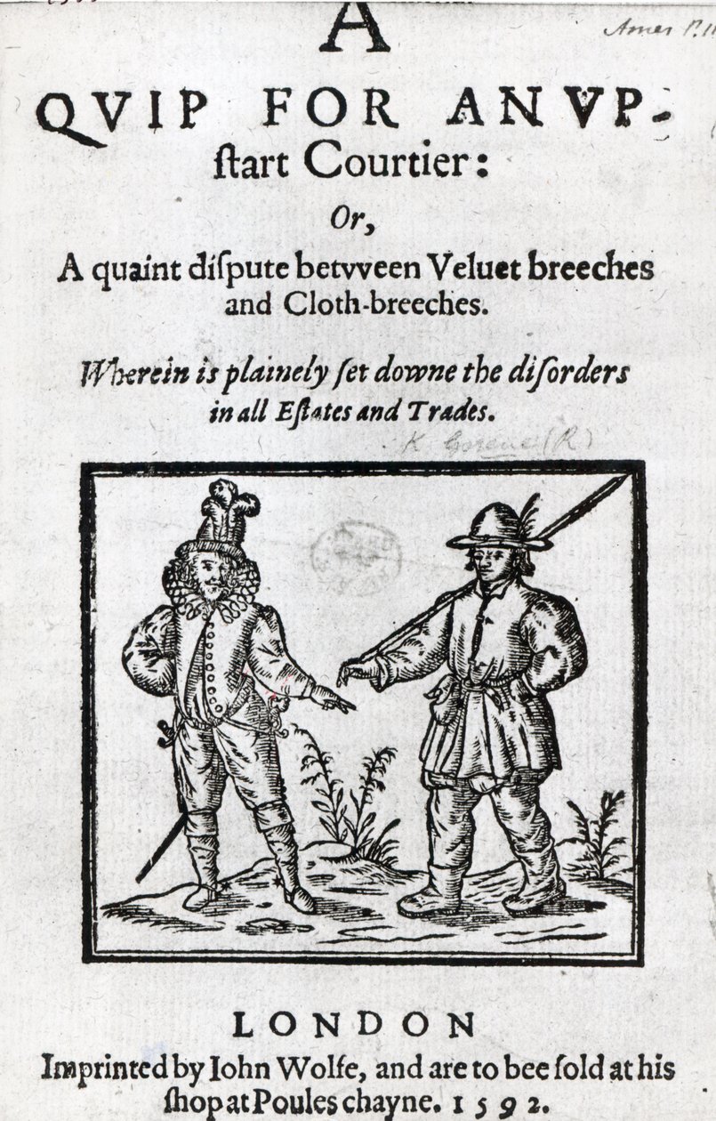 Titelblatt für A Quip for an Upstart Courtier von Robert Greene, 1592 von English School