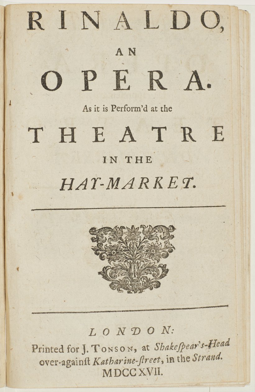 Titelseite aus dem Libretto von Händels Oper "Rinaldo", von Giacomo Rossi, 1717 von English School