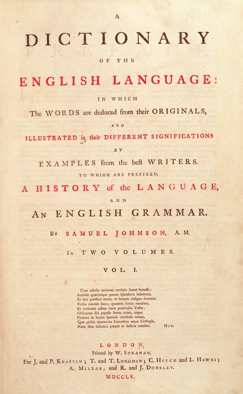 Titelseite von Johnsons Wörterbuch der menschlichen Sprache, London, 1755 von English School