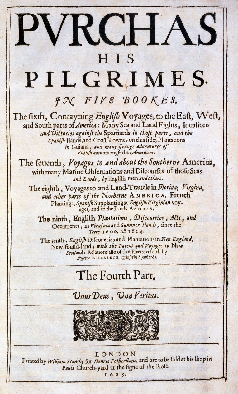 Titelseite von Purchas his Pilgrimes von Samuel Purchas, veröffentlicht 1625 von English School
