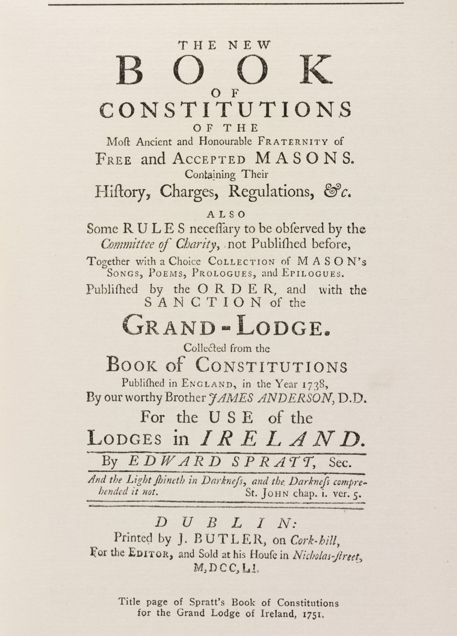 Titelseite von Spratts Buch der Konstitutionen für die Großloge in Irland, 1751 von English School