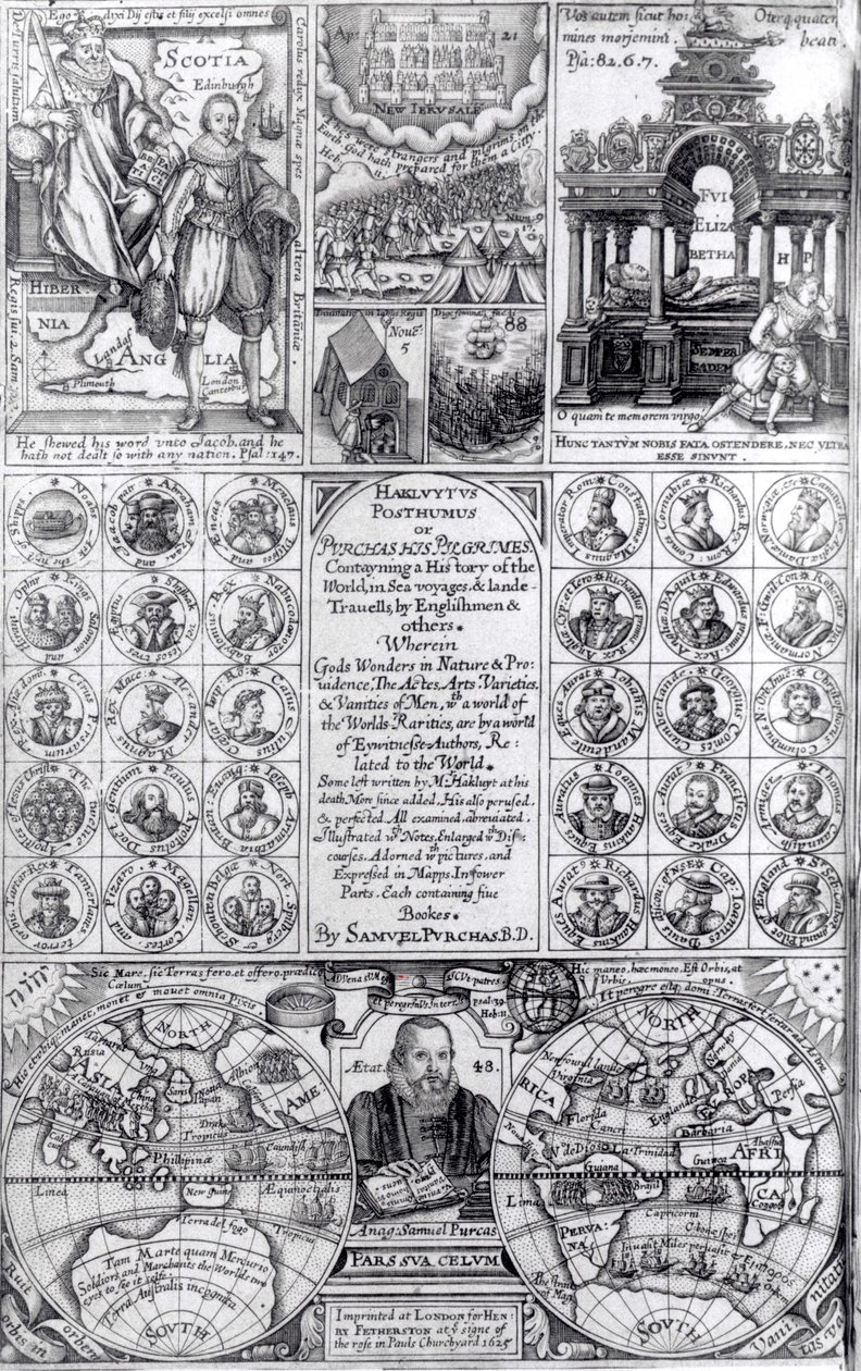 Titelseite der ersten Ausgabe von Hakluytus Posthumus or Purchas His Pilgrimes, veröffentlicht 1625 von English School
