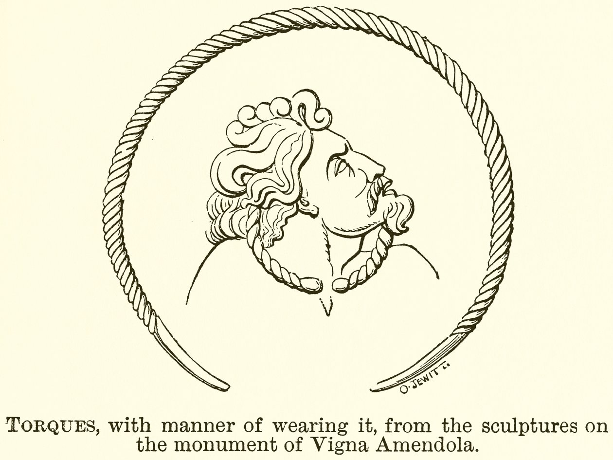 Torques, mit Trageweise, von den Skulpturen auf dem Denkmal von Vigna Amendola (Gravur) von English School