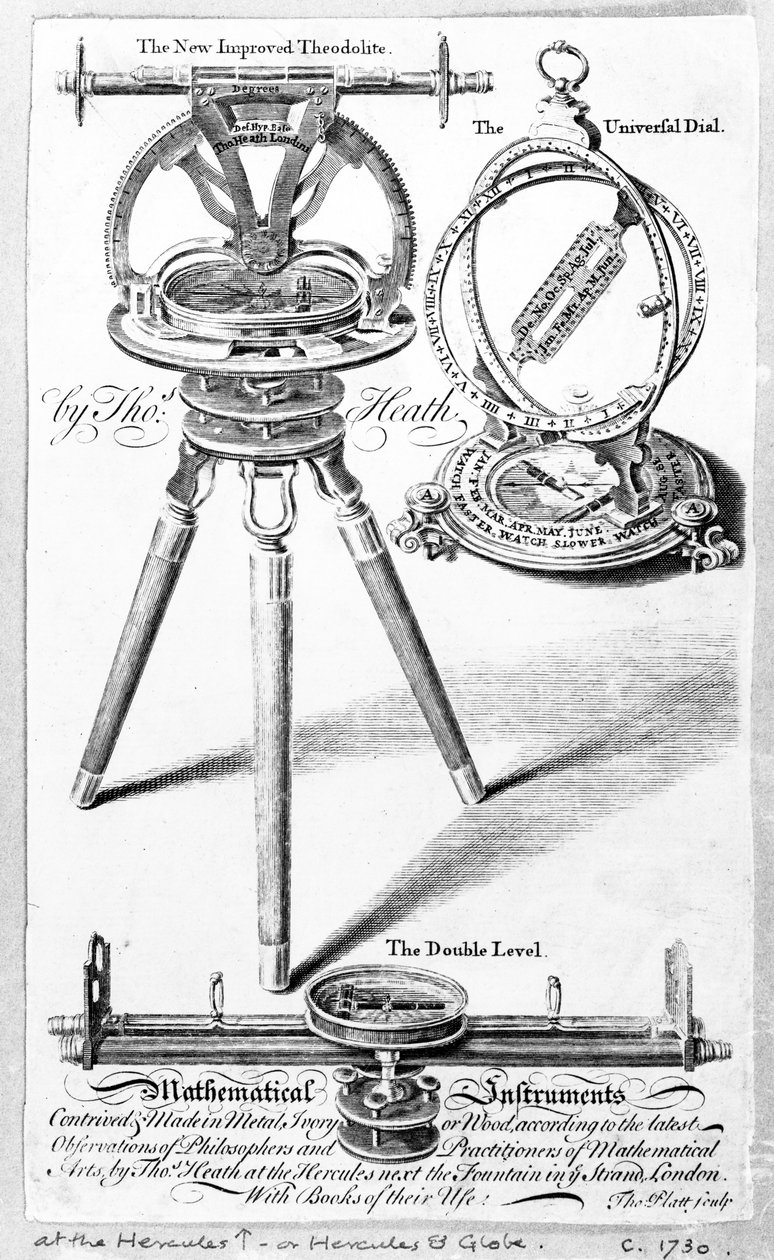Handelskarte für Thomas Heath, Hersteller von mathematischen Instrumenten, Druck von Thomas Platt, ca. 1730 von English School