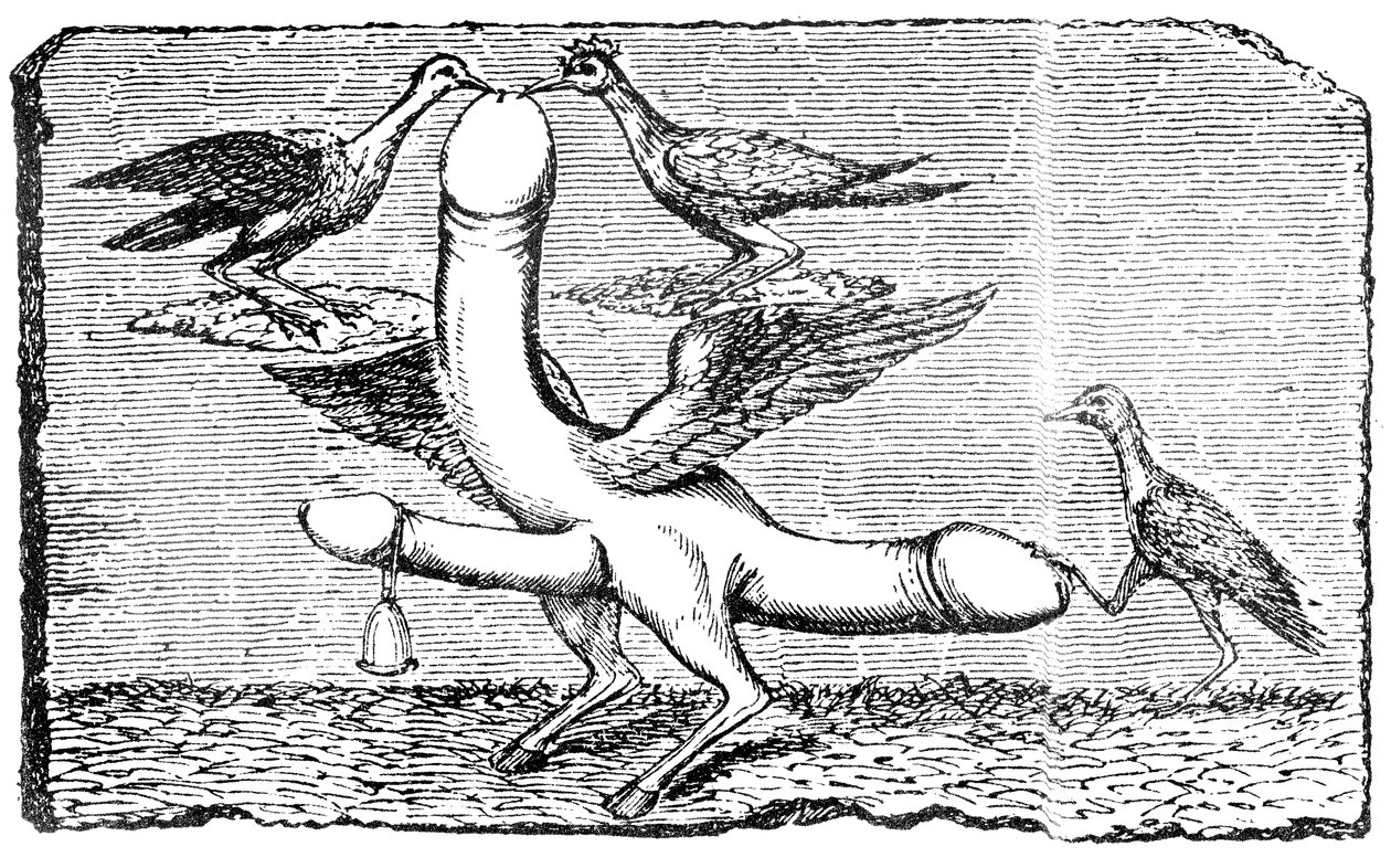 Dreifacher Phallus mit Flügeln, Beinen und Füßen einer Ziege, einer Glocke, Flügeln, zwei Vögeln, die den größten Penis picken, und einem anderen Vogel, der den Schwanz mit seinem Fuß niederhält von English School