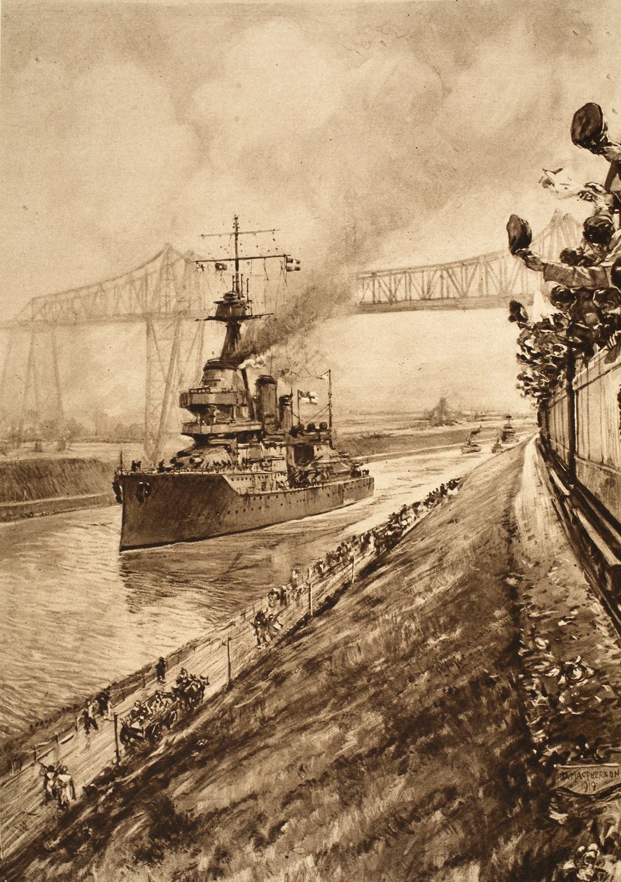 Triumphaler Beweis der britischen Seeüberlegenheit: H.M.S. Hercules passiert den Kiel-Kanal, 1914-19 von English School