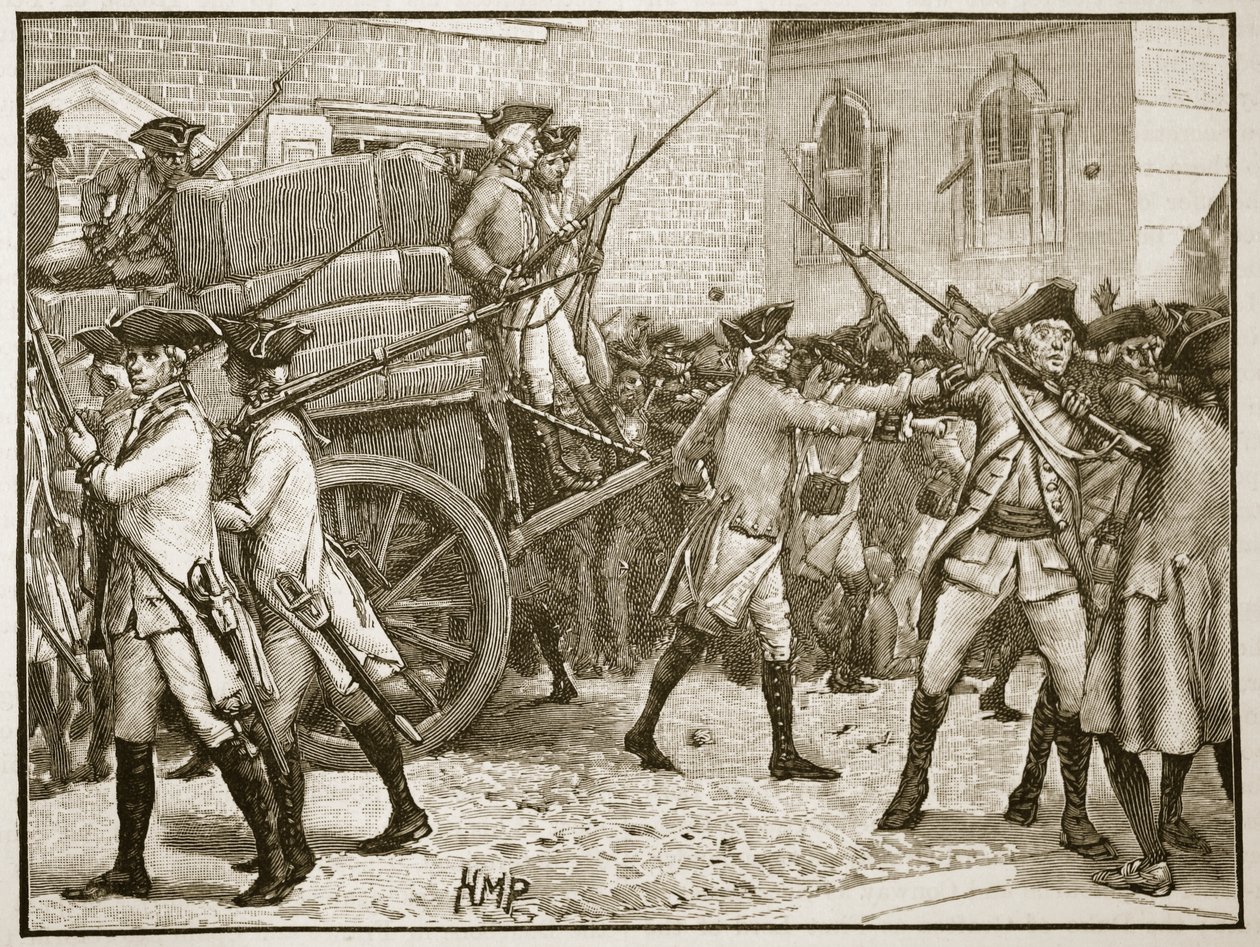 Truppen eskortieren das gestempelte Papier zum Rathaus von New York, 1766, Illustration aus Cassells Illustrierter Geschichte Englands von English School