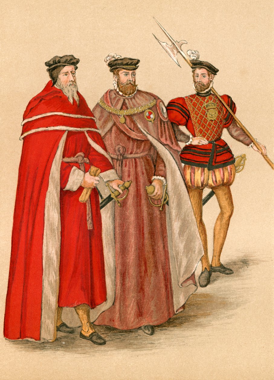 Zwei Adlige in ihren Roben und ein Hellebardier von English School