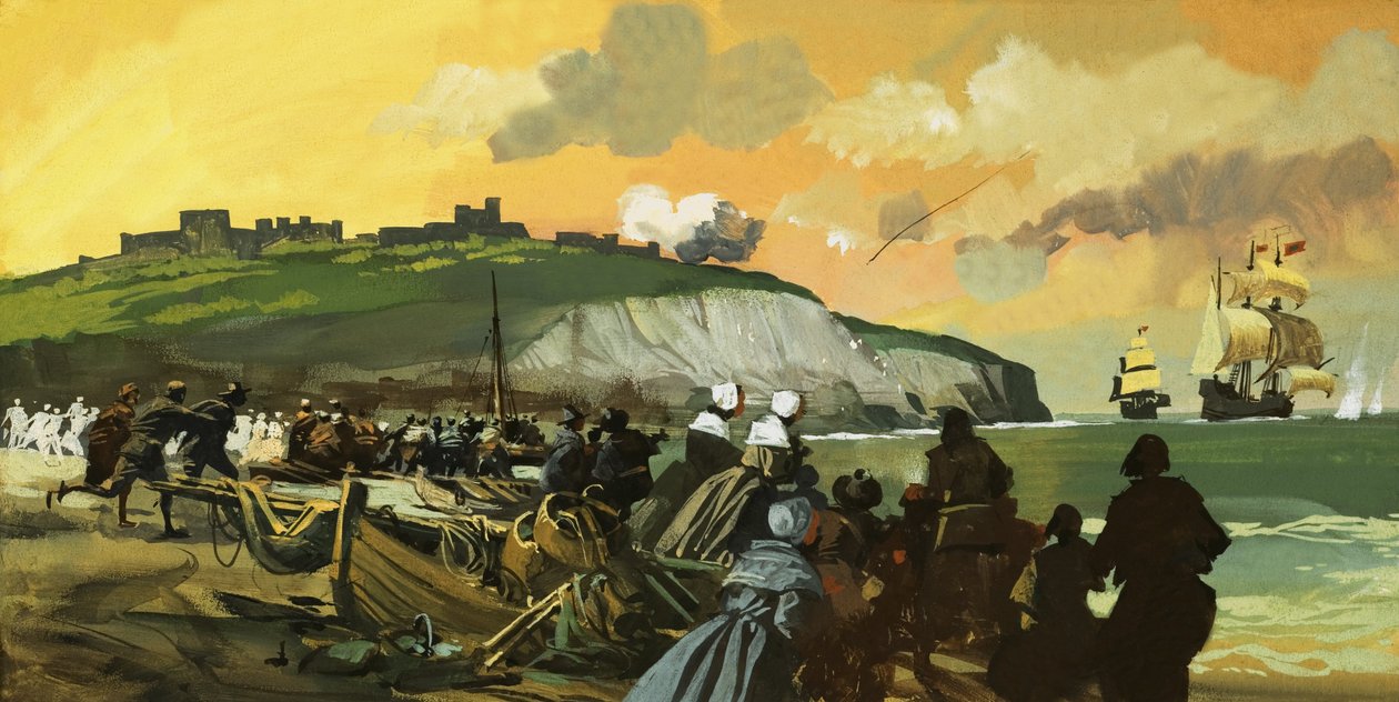 Unidentifizierte Szene einer befestigten Position an Land, die auf Segelschiffe feuert, mit Menschenmenge und Ruderbooten im Vordergrund von English School