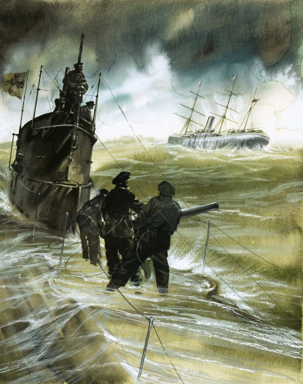 Unbekannte Soldaten auf dem Deck eines U-Boots mit Boot am Horizont von English School