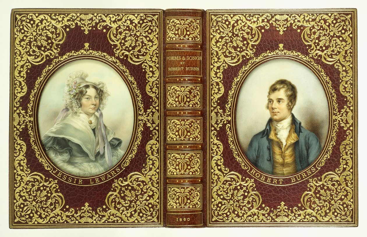 Obere und untere Einbände und Rücken mit ovalen Porträts von Robert Burns und Jessie Lewars von English School