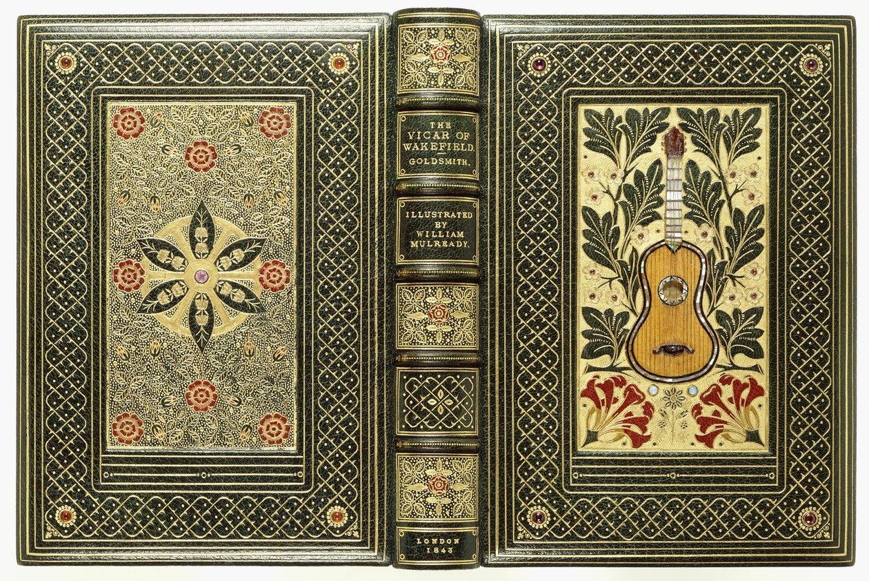 Obere und untere Einbände mit Gitarren- und Blumendesigns, 1843 von English School