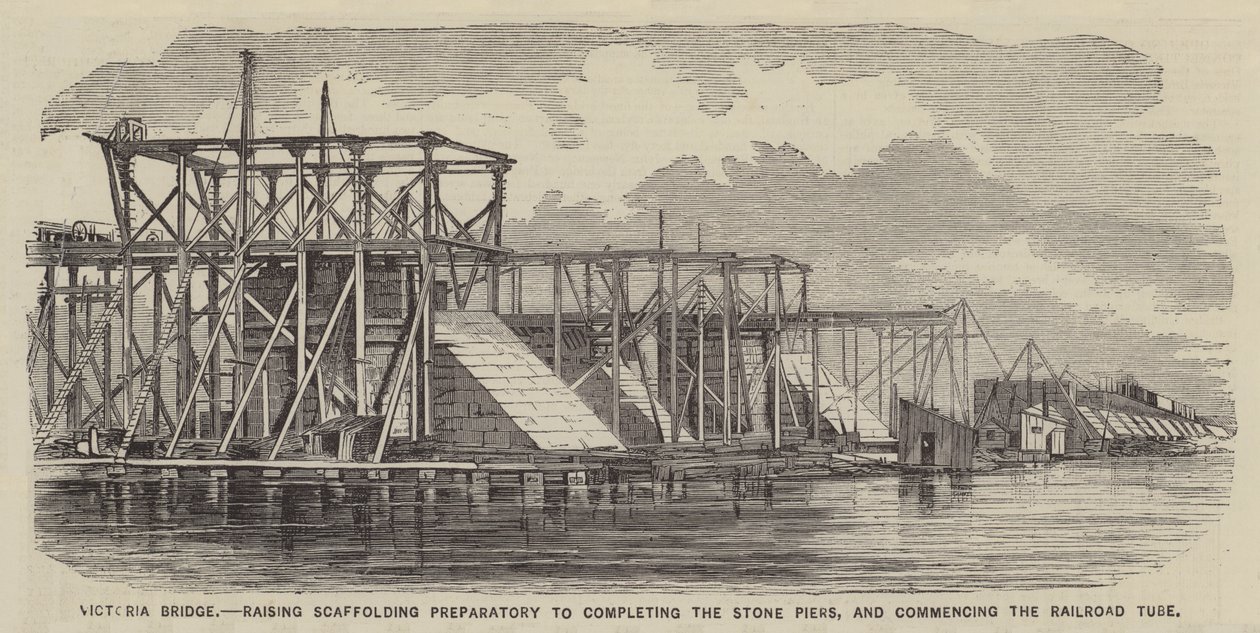 Victoria-Brücke, Gerüstaufbau zur Fertigstellung der Steinpfeiler und Beginn des Eisenbahnrohrs von English School