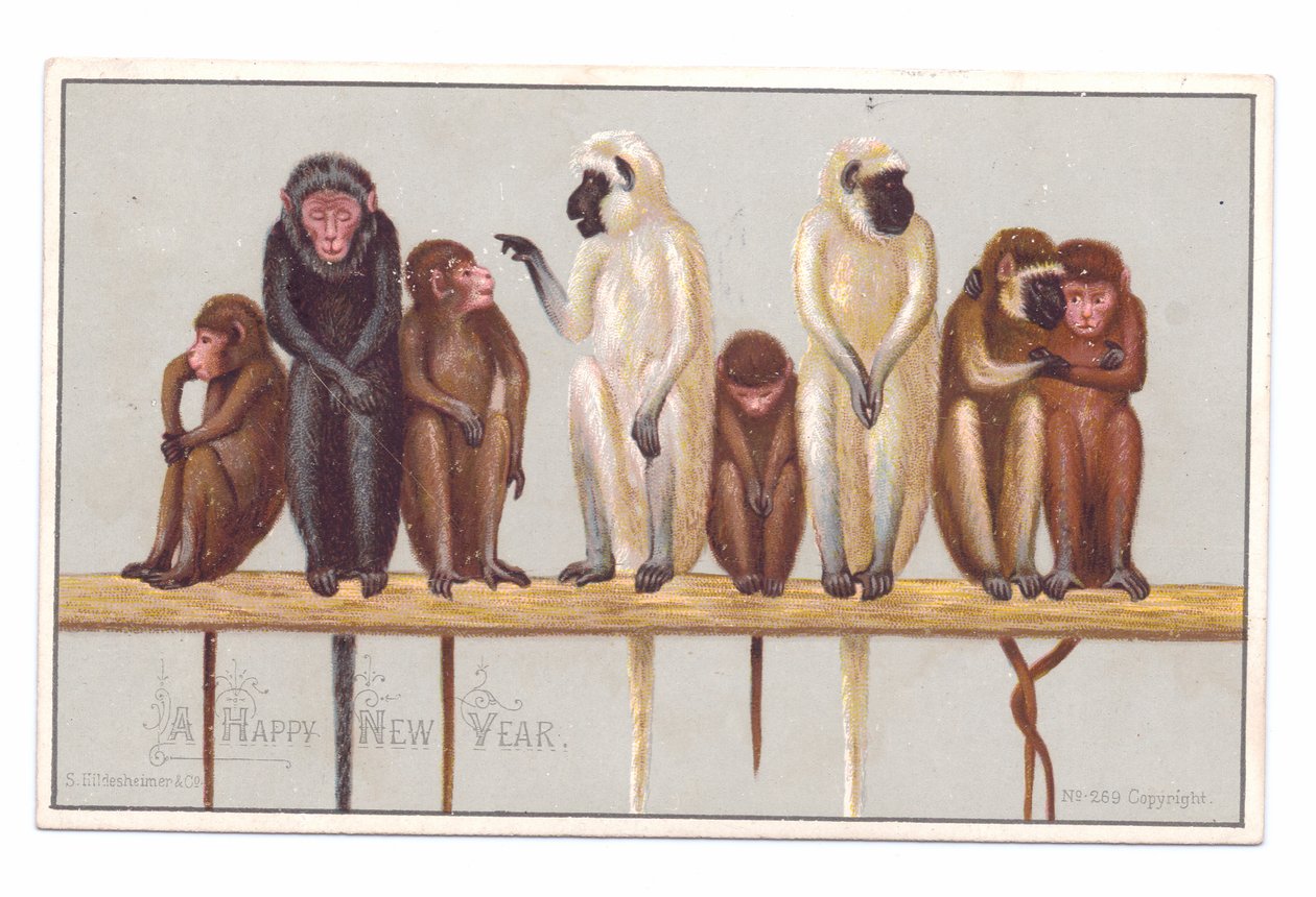Viktorianische Neujahrskarte mit acht Affen auf einem Sims, ca. 1880 (Farblithographie) von English School