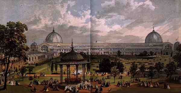 Blick von den Horticultural Gardens auf das Äußere der Großen Ausstellung von 1851, aus Dickinson