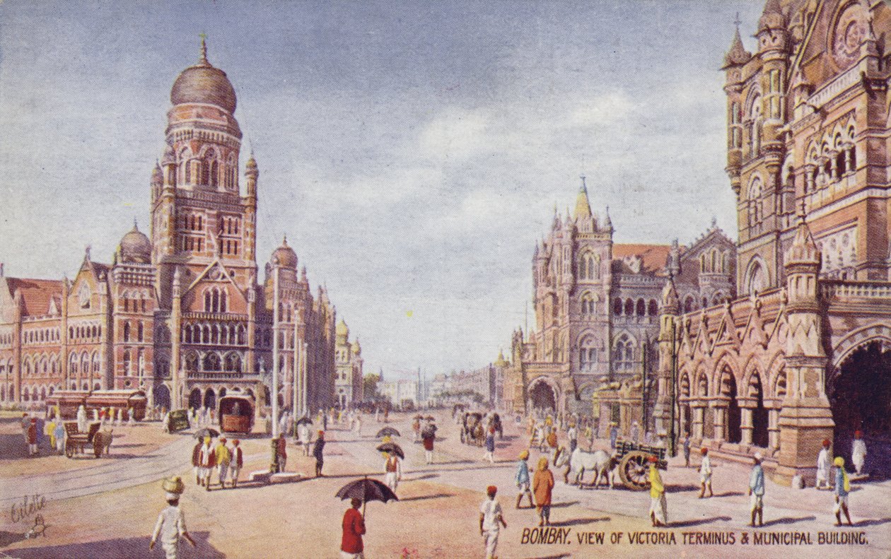 Ansicht des Victoria-Terminus und des Gemeindegebäudes, Bombay von English School