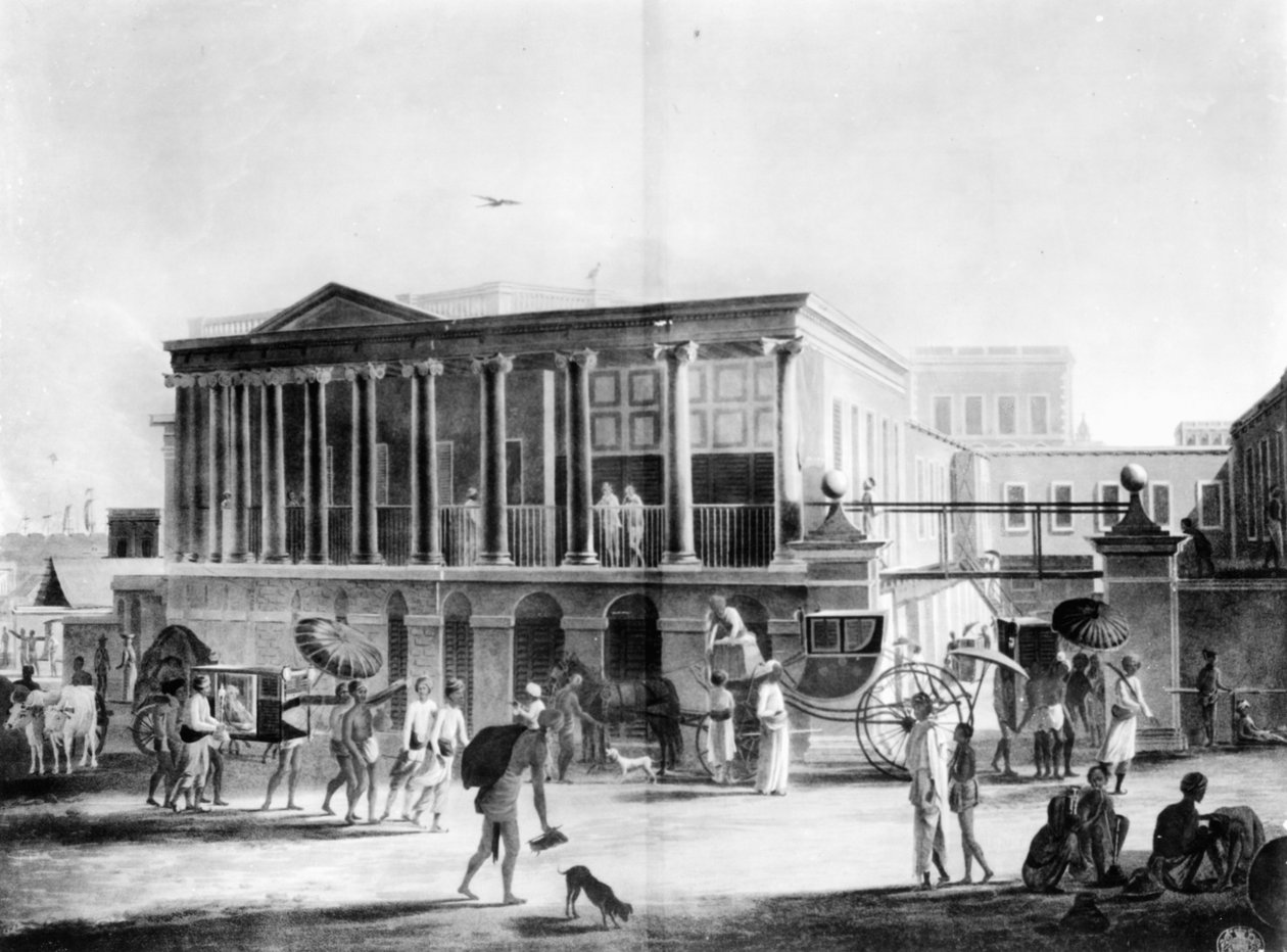 Ansicht eines Hauses, einer Manufaktur und eines Basars in Kalkutta, graviert von Francis Jukes, 1795 (Aquatinta) von English School