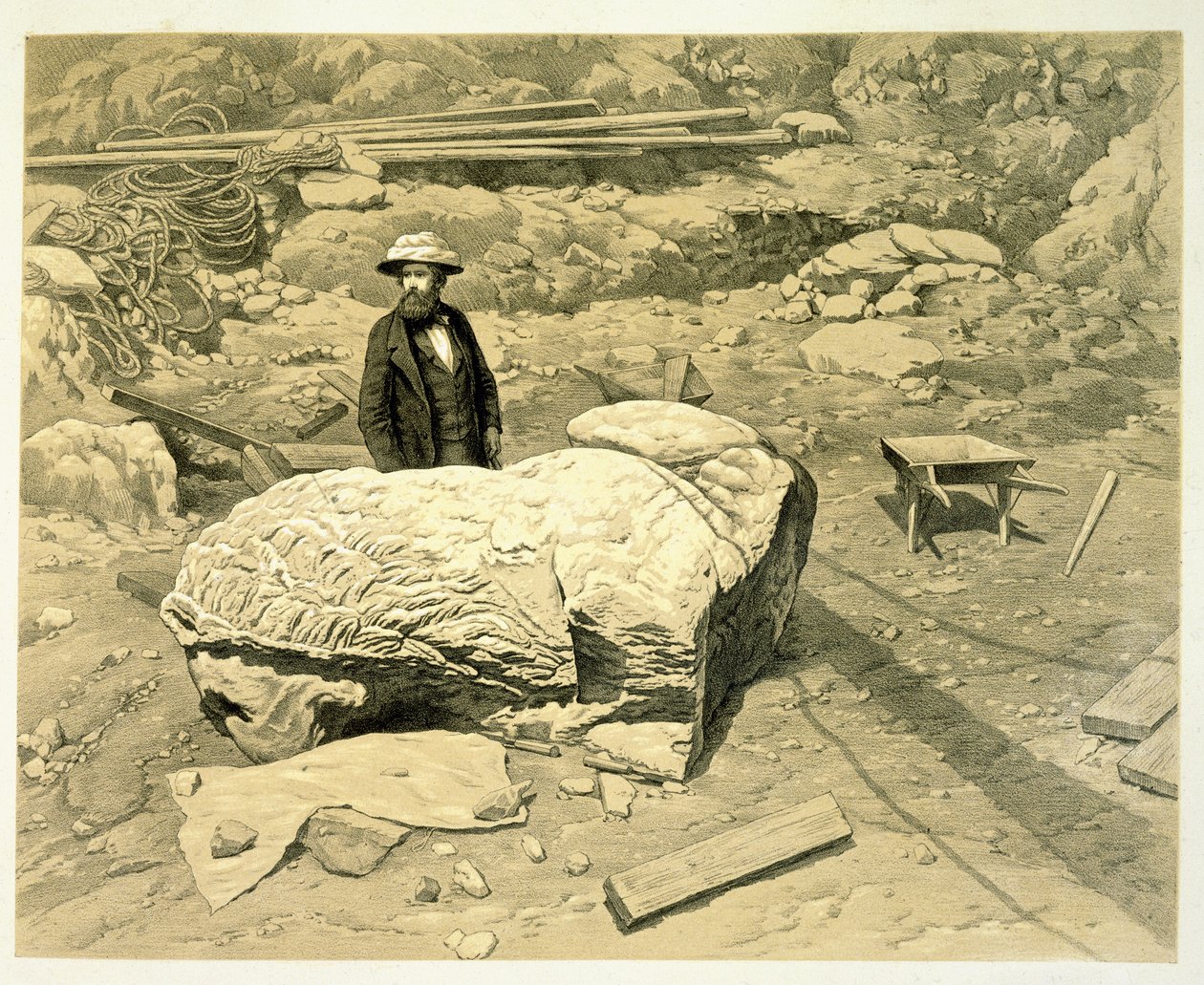 Ansicht eines kolossalen Löwen auf der Seite, mit Newton dahinter, aus A History of Discoveries at Helicarnassus, Cnidus, & Branchidae, von Charles Thomas Newton, veröffentlicht 1862 von English School
