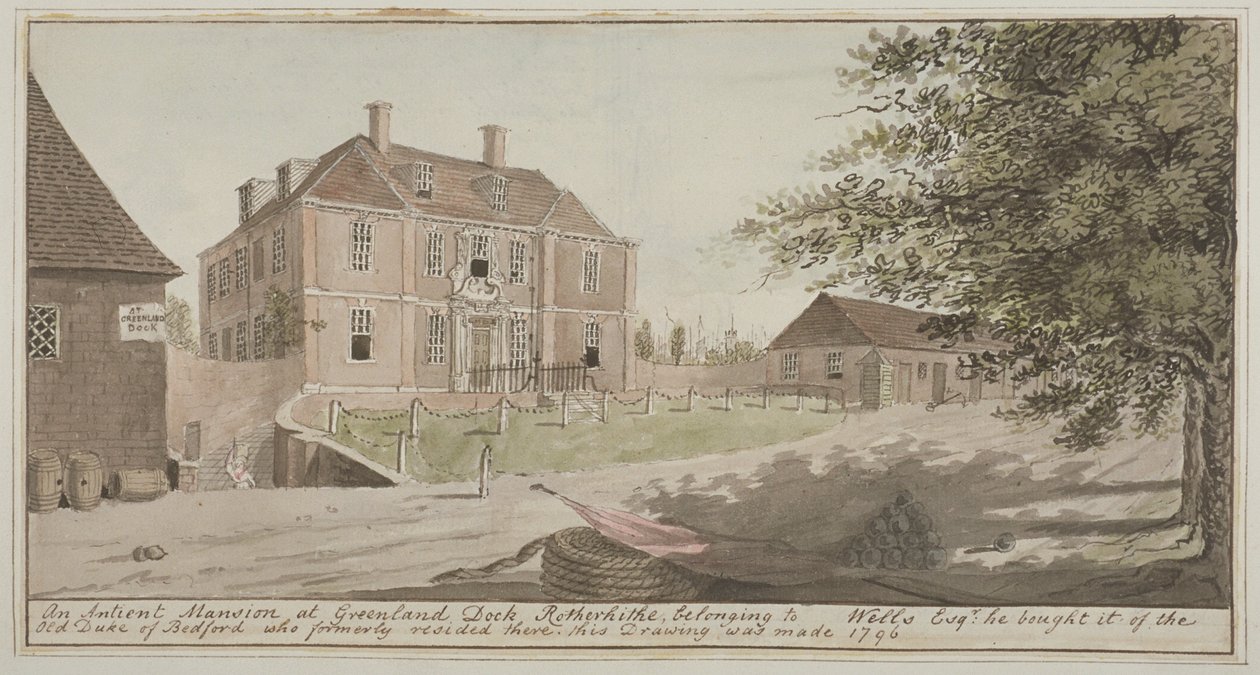 Ansicht eines alten Herrenhauses am Greenland Dock in Rotherhithe, Bermondsey, 1796 von English School