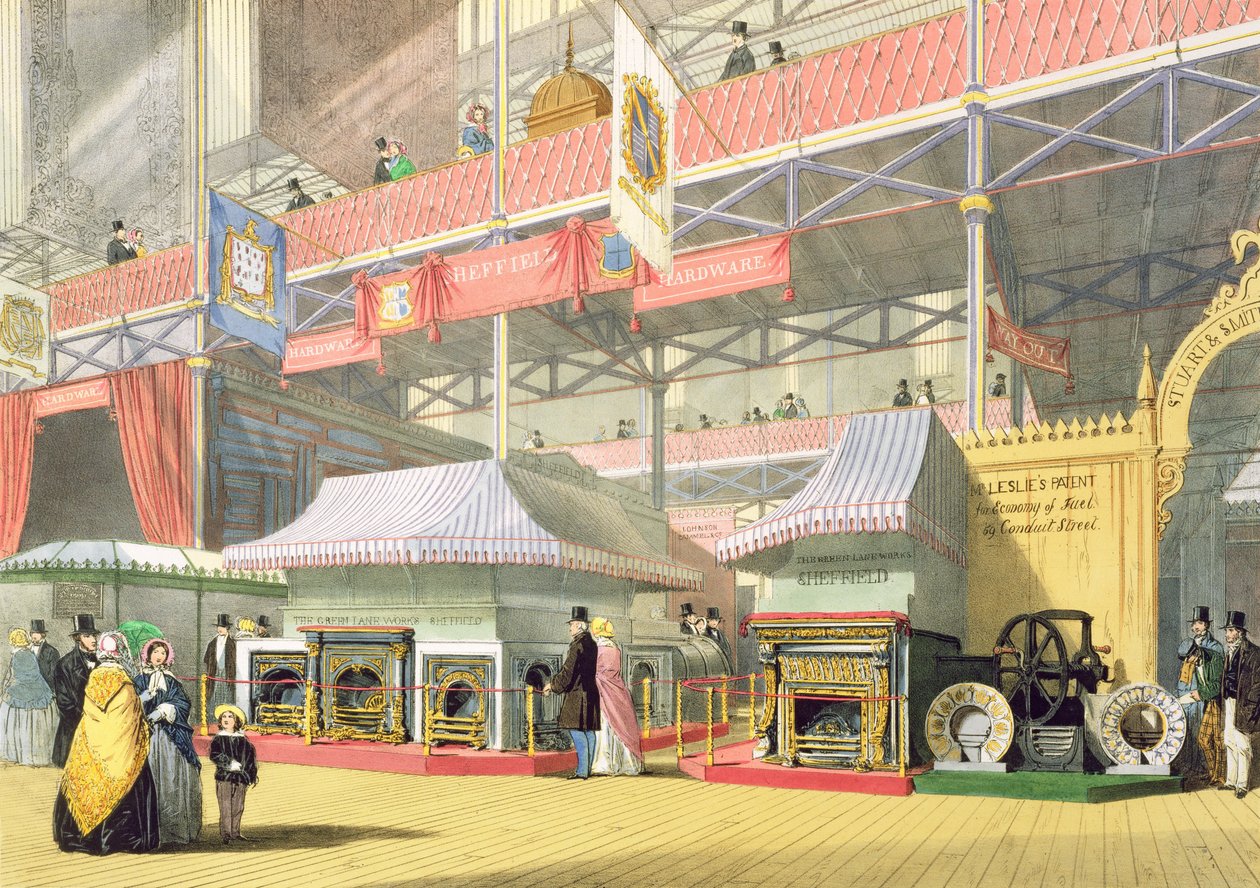 Ansicht des Sheffield-Hardware-Standes und der Great Lane Works Exponate auf der Großen Ausstellung von 1851, aus Dickinsons Comprehensive Pictures von English School