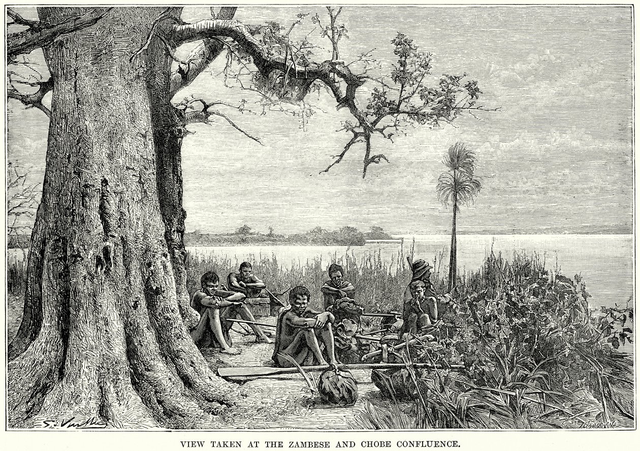 Ansicht am Zusammenfluss von Sambesi und Chobe (Gravur) von English School