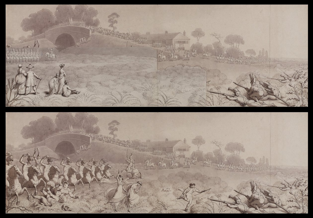 Freiwilligenüberprüfung in Wormwood Scrubs mit der Mitre Tavern und der Mitre Bridge, Hammersmith, um 1800 von English School