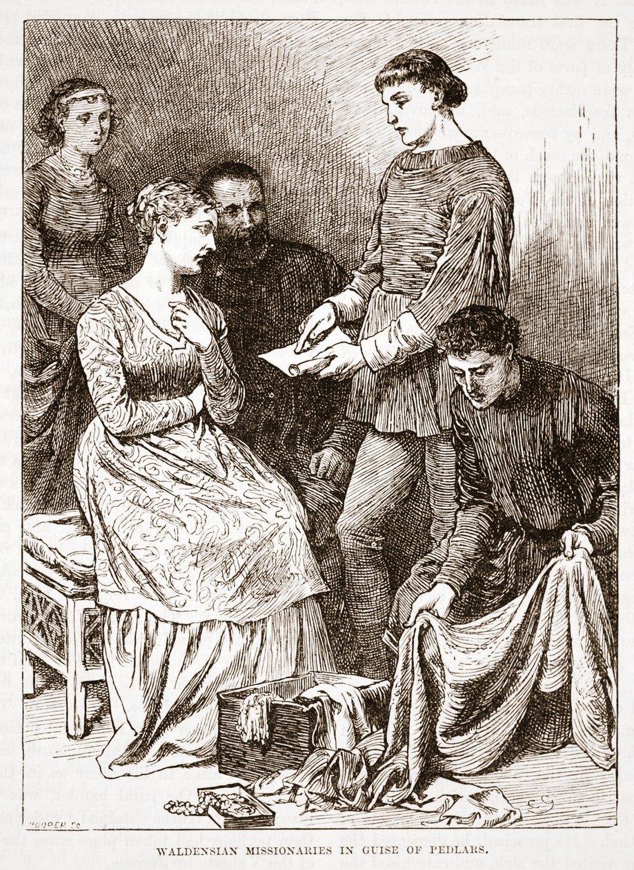 Waldenser Missionare in der Verkleidung von Hausierern, Illustration aus Die Geschichte des Protestantismus von James Aitken Wylie, veröffentlicht 1878 von English School